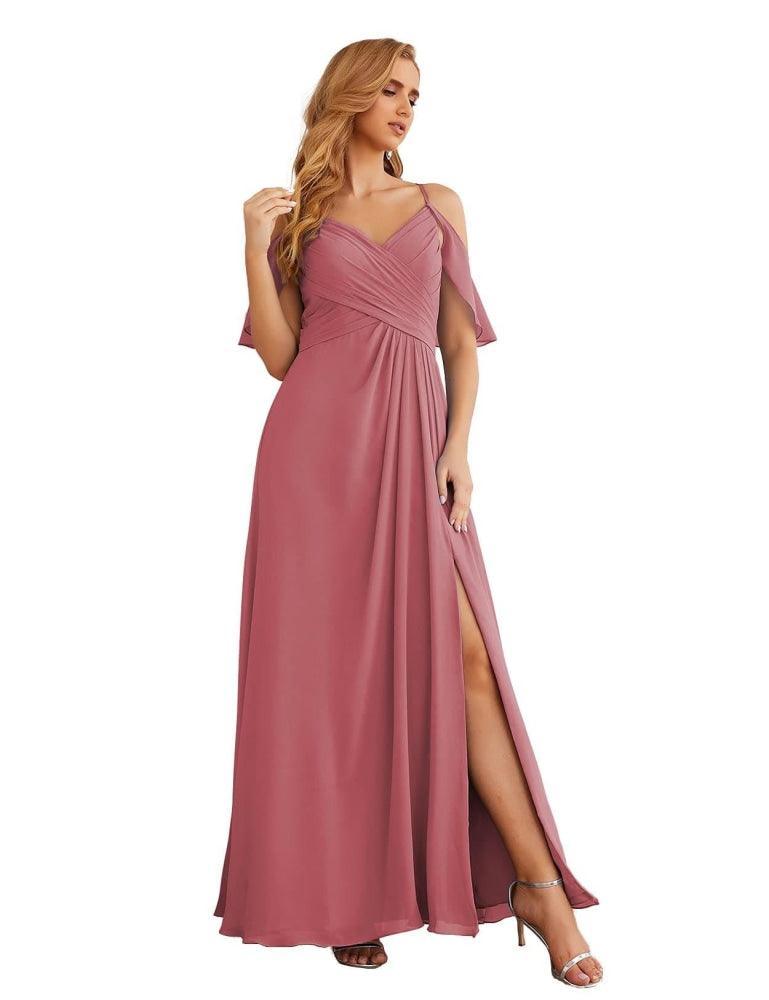 Numbersea Chiffon Cold Shoulder Long Bridesmaid Dresses Plus Size Formal Prom Gowns for Women Party Wedding  SEA28070