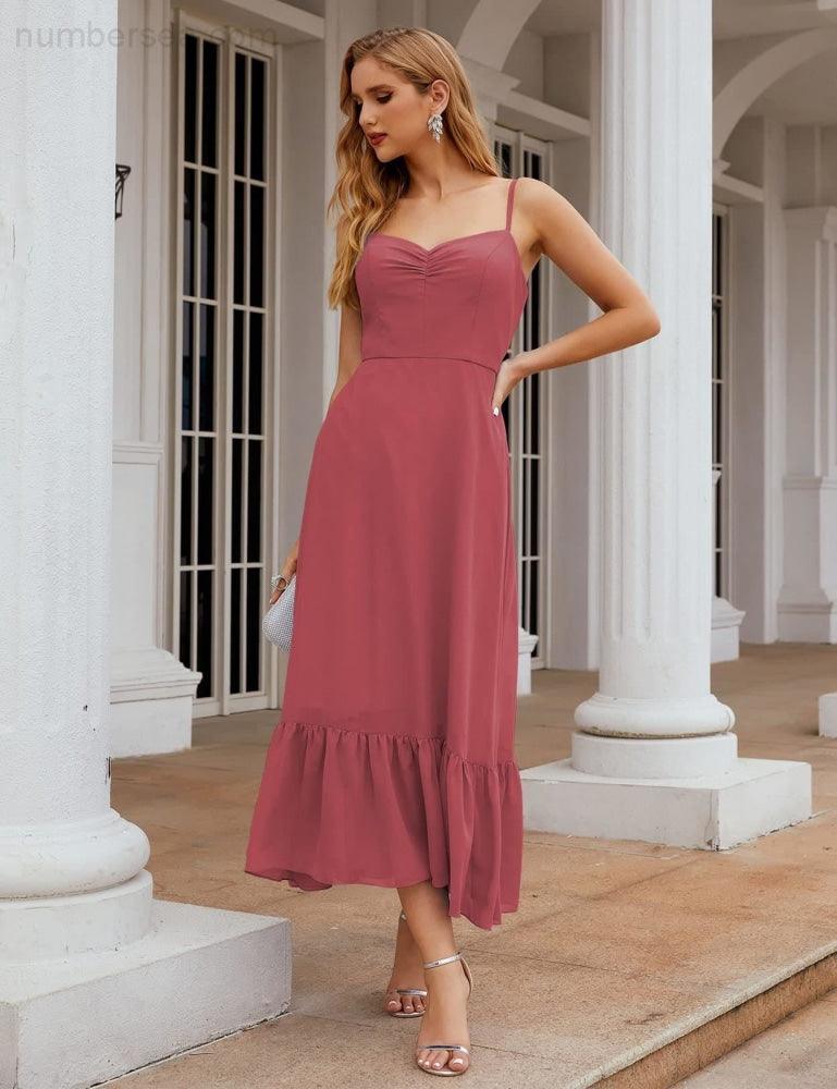 Numbersea  Spaghetti Strap Chiffon Bridesmaid Dress Ankle Length Formal A Line Cocktail Party Homecoming Dress for Juniors  SEA28028