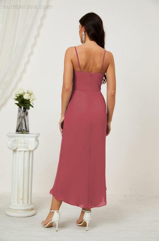 Numbersea Spaghetti Chiffon V Neck Bridesmaid Dress Mid-Length Slit Formal Prom Dress Homecoming Dress 2803