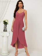 Numbersea Spaghetti Chiffon V Neck Bridesmaid Dress Mid-Length Slit Formal Prom Dress Homecoming Dress 2803
