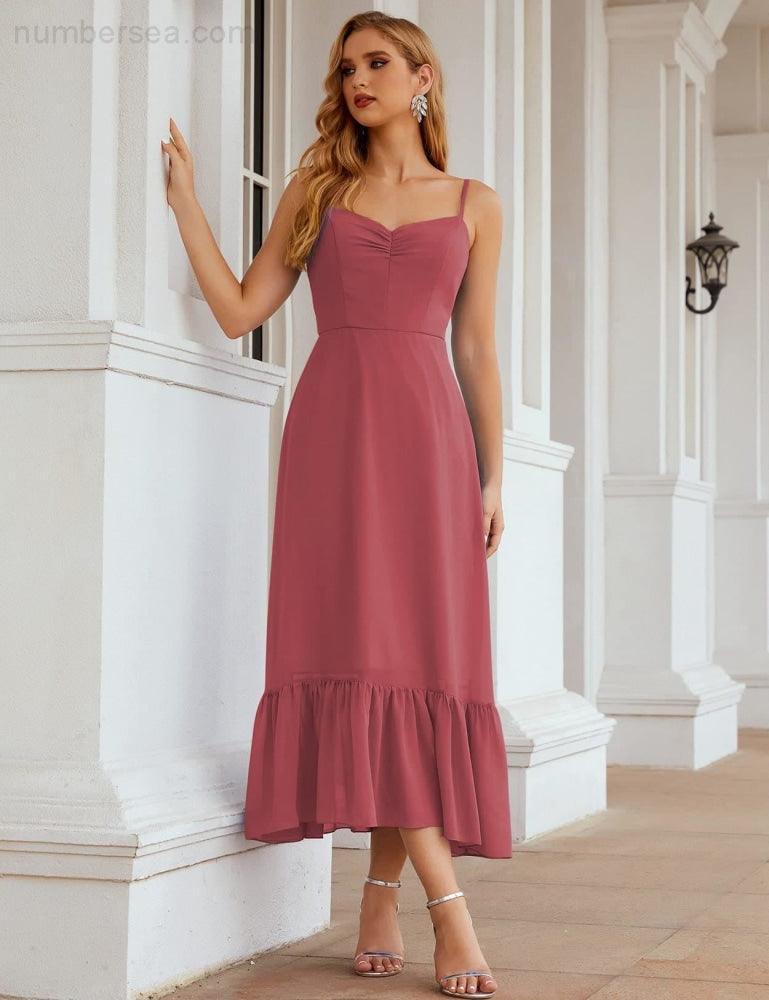 Numbersea  Spaghetti Strap Chiffon Bridesmaid Dress Ankle Length Formal A Line Cocktail Party Homecoming Dress for Juniors  SEA28028