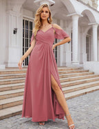 Numbersea Chiffon Cold Shoulder Long Bridesmaid Dresses Plus Size Formal Prom Gowns for Women Party Wedding  SEA28070
