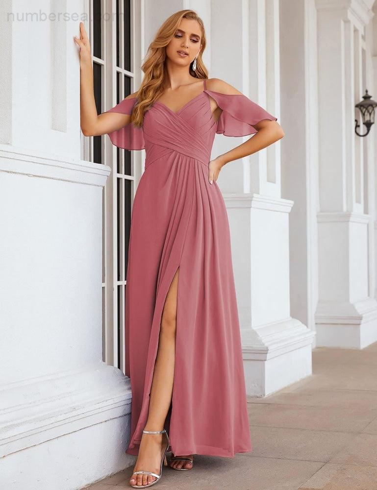 Numbersea Chiffon Cold Shoulder Long Bridesmaid Dresses Plus Size Formal Prom Gowns for Women Party Wedding  SEA28070