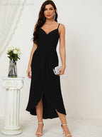Numbersea Spaghetti Chiffon V Neck Bridesmaid Dress Mid-Length Slit Formal Prom Dress Homecoming Dress 2803