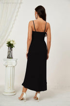 Numbersea Spaghetti Chiffon V Neck Bridesmaid Dress Mid-Length Slit Formal Prom Dress Homecoming Dress 2803