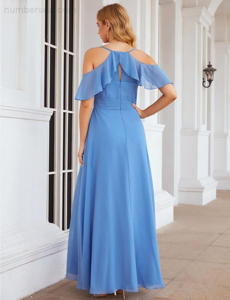 Numbersea Chiffon Cold Shoulder Long Bridesmaid Dresses Plus Size Formal Prom Gowns for Women Party Wedding  SEA28070