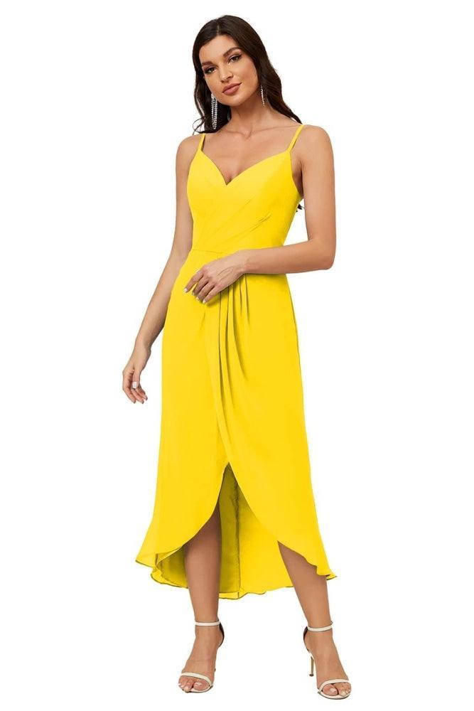 Numbersea Spaghetti Chiffon V Neck Bridesmaid Dress Mid-Length Slit Formal Prom Dress Homecoming Dress 2803