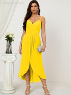 Numbersea Spaghetti Chiffon V Neck Bridesmaid Dress Mid-Length Slit Formal Prom Dress Homecoming Dress 2803