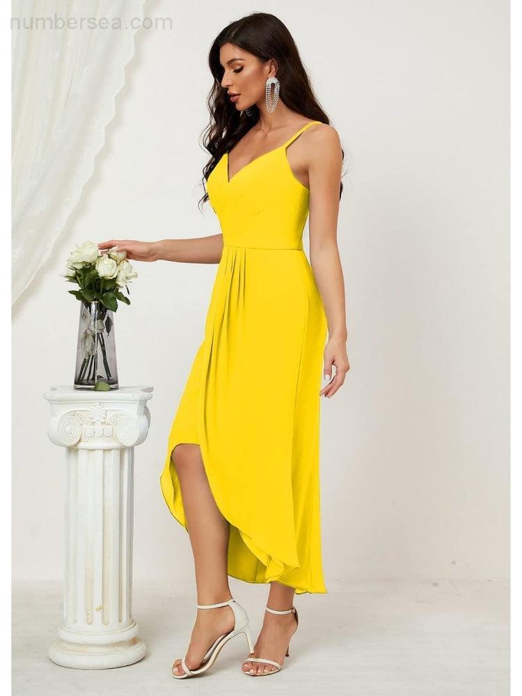 Numbersea Spaghetti Chiffon V Neck Bridesmaid Dress Mid-Length Slit Formal Prom Dress Homecoming Dress 2803