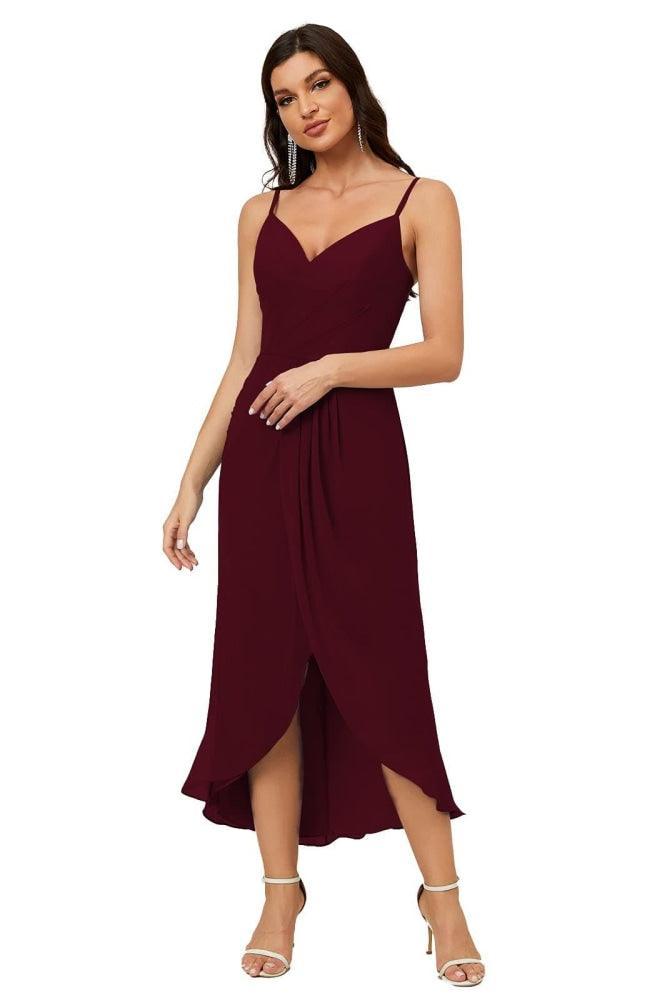 Numbersea Spaghetti Chiffon V Neck Bridesmaid Dress Mid-Length Slit Formal Prom Dress Homecoming Dress 2803
