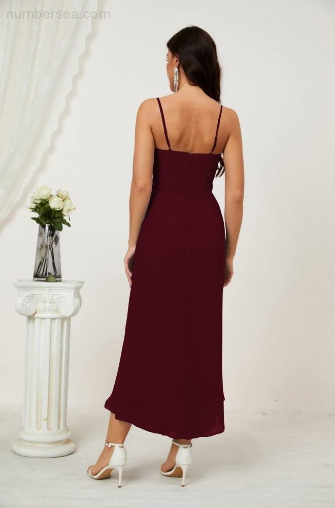 Numbersea Spaghetti Chiffon V Neck Bridesmaid Dress Mid-Length Slit Formal Prom Dress Homecoming Dress 2803