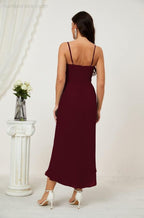 Numbersea Spaghetti Chiffon V Neck Bridesmaid Dress Mid-Length Slit Formal Prom Dress Homecoming Dress 2803