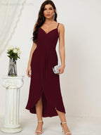Numbersea Spaghetti Chiffon V Neck Bridesmaid Dress Mid-Length Slit Formal Prom Dress Homecoming Dress 2803