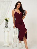 Numbersea Spaghetti Chiffon V Neck Bridesmaid Dress Mid-Length Slit Formal Prom Dress Homecoming Dress 2803