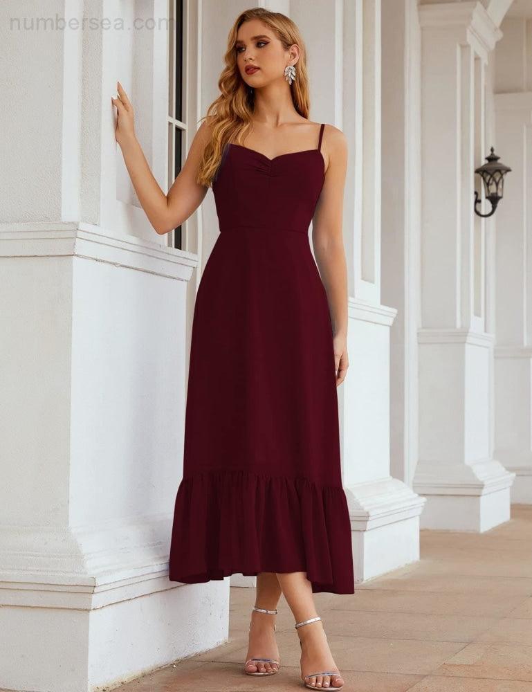 Numbersea  Spaghetti Strap Chiffon Bridesmaid Dress Ankle Length Formal A Line Cocktail Party Homecoming Dress for Juniors  SEA28028