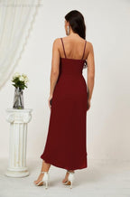 Numbersea Spaghetti Chiffon V Neck Bridesmaid Dress Mid-Length Slit Formal Prom Dress Homecoming Dress 2803