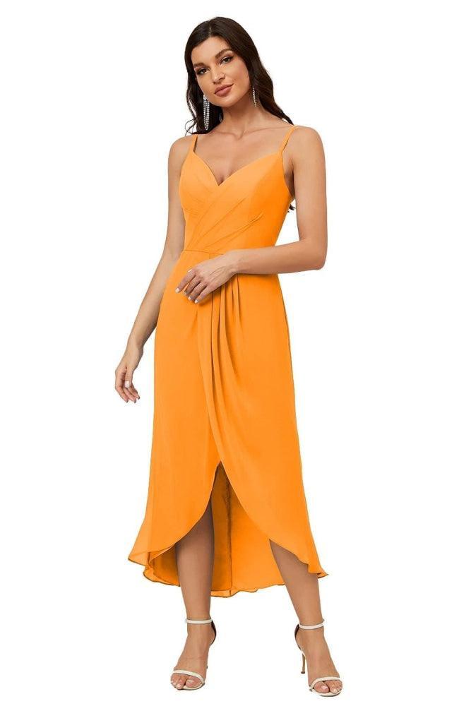 Numbersea Spaghetti Chiffon V Neck Bridesmaid Dress Mid-Length Slit Formal Prom Dress Homecoming Dress 2803