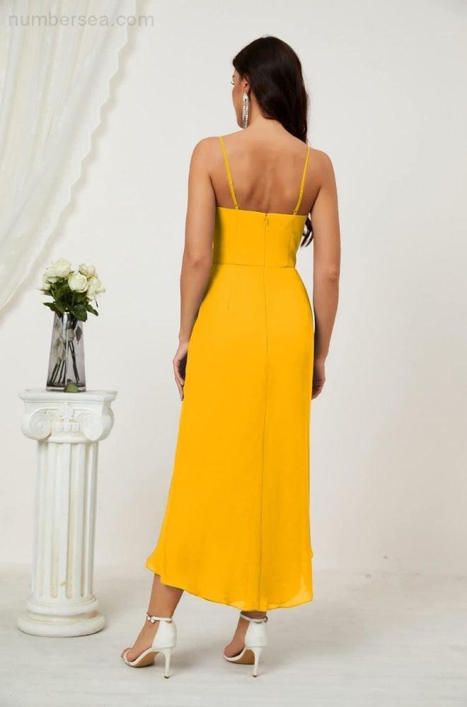 Numbersea Spaghetti Chiffon V Neck Bridesmaid Dress Mid-Length Slit Formal Prom Dress Homecoming Dress 2803