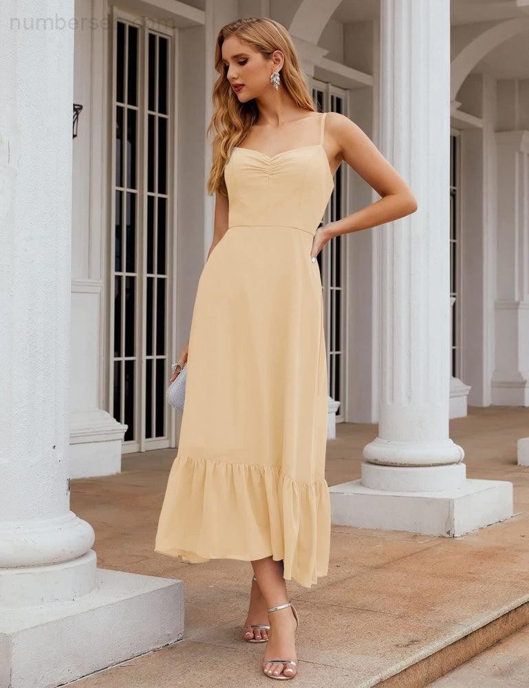 Numbersea  Spaghetti Strap Chiffon Bridesmaid Dress Ankle Length Formal A Line Cocktail Party Homecoming Dress for Juniors  SEA28028