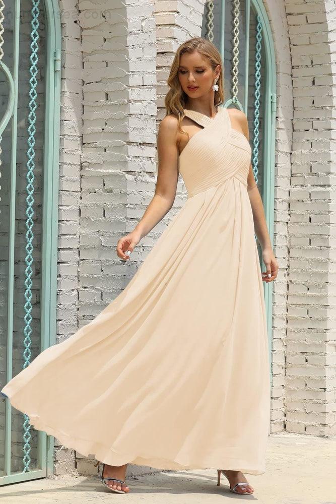 Numbersea Women Halter Chiffon Bridesmaid Dress A-line Long Formal Prom Gown SEA28015