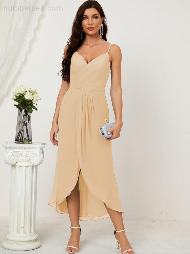 Numbersea Spaghetti Chiffon V Neck Bridesmaid Dress Mid-Length Slit Formal Prom Dress Homecoming Dress 2803