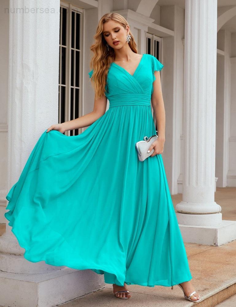 Numbersea V-Neck Bridesmaid Dress Floor Length Backless Formal Evening Dress 28024