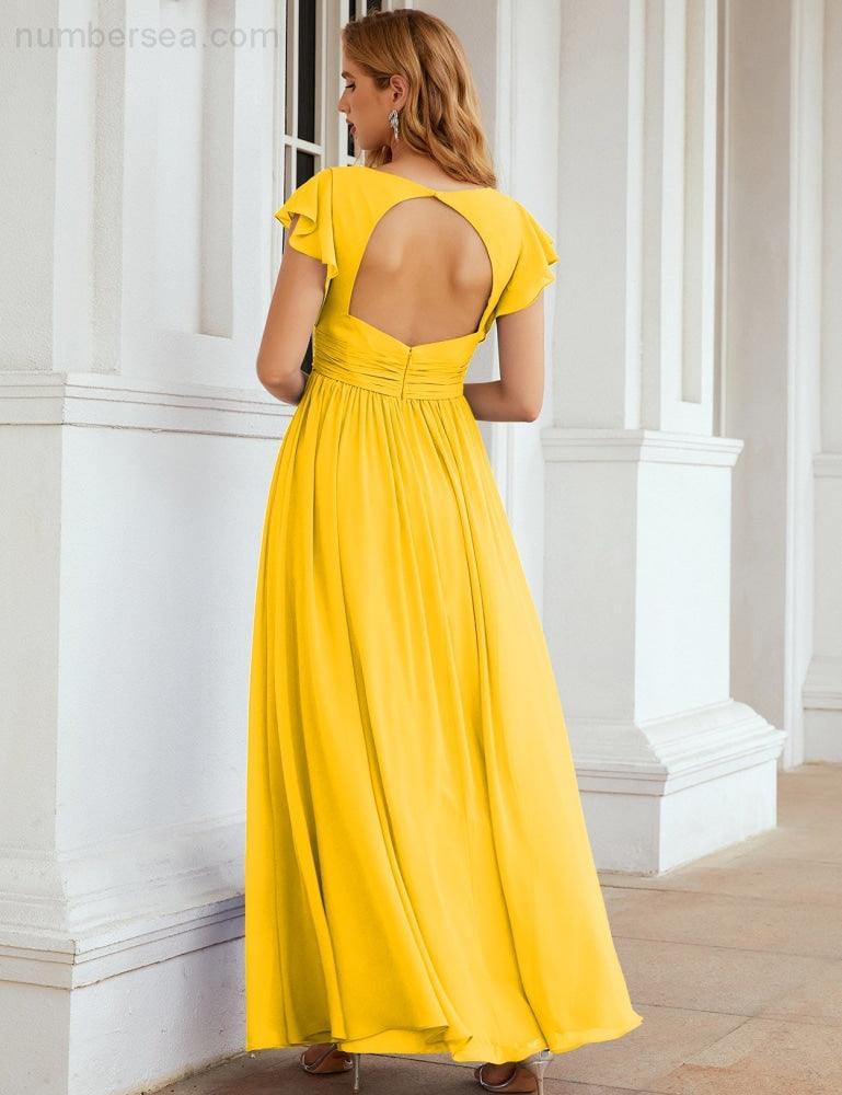 Numbersea V-Neck Bridesmaid Dress Floor Length Backless Formal Evening Dress 28024