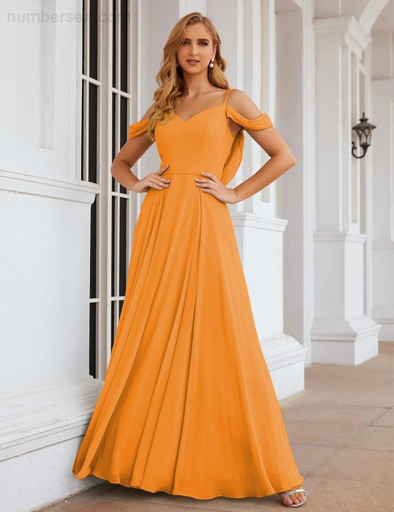 Numbersea Cold Shoulder Chiffon Bridesmaid Dresses Long Maxi Formal Prom Gowns for Women Party  SEA28059