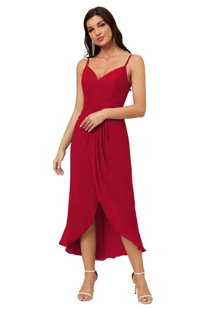 Numbersea Spaghetti Chiffon V Neck Bridesmaid Dress Mid-Length Slit Formal Prom Dress Homecoming Dress 2803