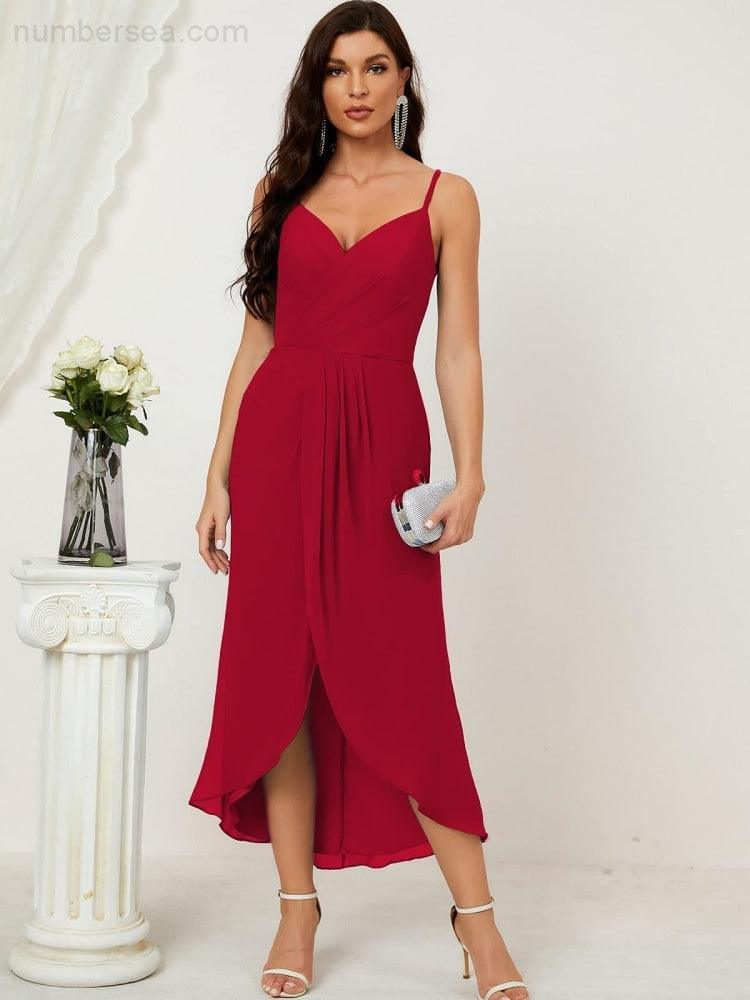 Numbersea Spaghetti Chiffon V Neck Bridesmaid Dress Mid-Length Slit Formal Prom Dress Homecoming Dress 2803