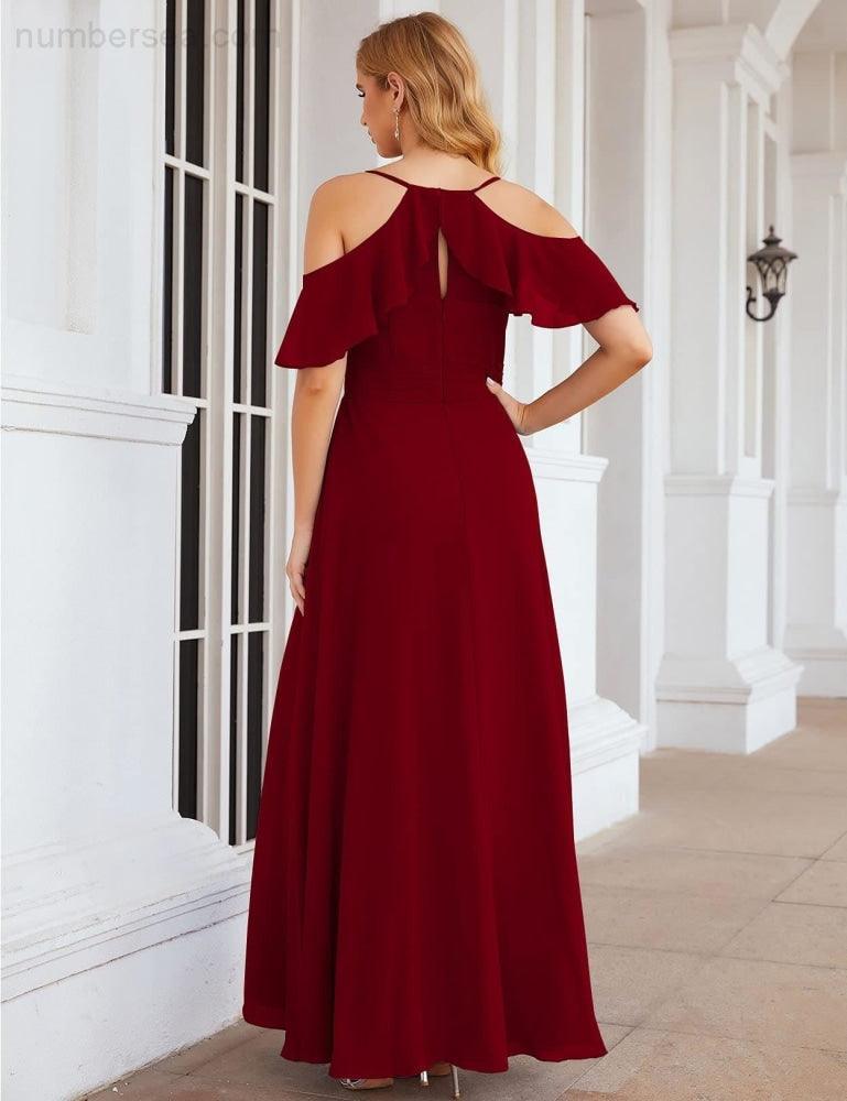 Numbersea Chiffon Cold Shoulder Long Bridesmaid Dresses Plus Size Formal Prom Gowns for Women Party Wedding  SEA28070