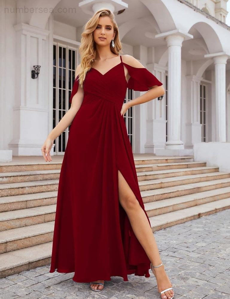 Numbersea Chiffon Cold Shoulder Long Bridesmaid Dresses Plus Size Formal Prom Gowns for Women Party Wedding  SEA28070