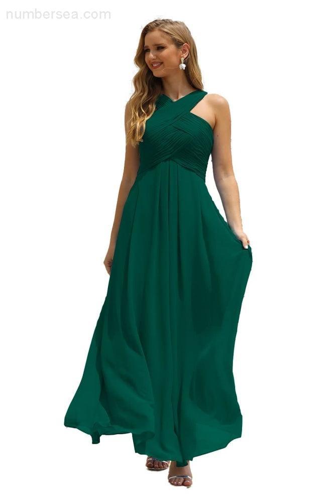 Numbersea Women Halter Chiffon Bridesmaid Dress A-line Long Formal Prom Gown SEA28015