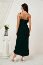 Numbersea Spaghetti Chiffon V Neck Bridesmaid Dress Mid-Length Slit Formal Prom Dress Homecoming Dress 2803