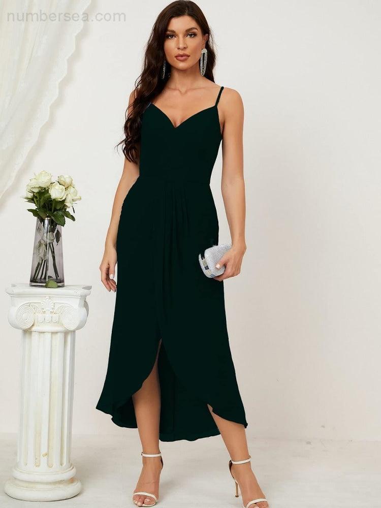 Numbersea Spaghetti Chiffon V Neck Bridesmaid Dress Mid-Length Slit Formal Prom Dress Homecoming Dress 2803