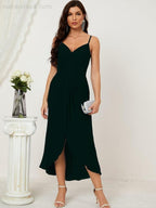 Numbersea Spaghetti Chiffon V Neck Bridesmaid Dress Mid-Length Slit Formal Prom Dress Homecoming Dress 2803