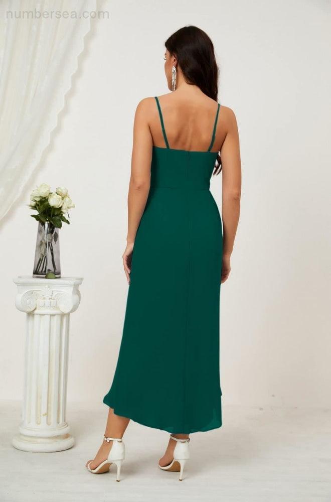 Numbersea Spaghetti Chiffon V Neck Bridesmaid Dress Mid-Length Slit Formal Prom Dress Homecoming Dress 2803