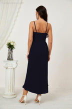 Numbersea Spaghetti Chiffon V Neck Bridesmaid Dress Mid-Length Slit Formal Prom Dress Homecoming Dress 2803