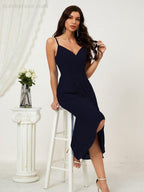 Numbersea Spaghetti Chiffon V Neck Bridesmaid Dress Mid-Length Slit Formal Prom Dress Homecoming Dress 2803
