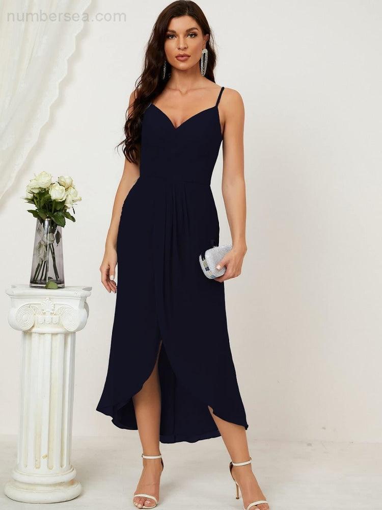Numbersea Spaghetti Chiffon V Neck Bridesmaid Dress Mid-Length Slit Formal Prom Dress Homecoming Dress 2803