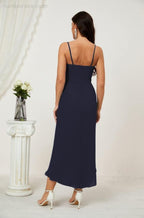 Numbersea Spaghetti Chiffon V Neck Bridesmaid Dress Mid-Length Slit Formal Prom Dress Homecoming Dress 2803