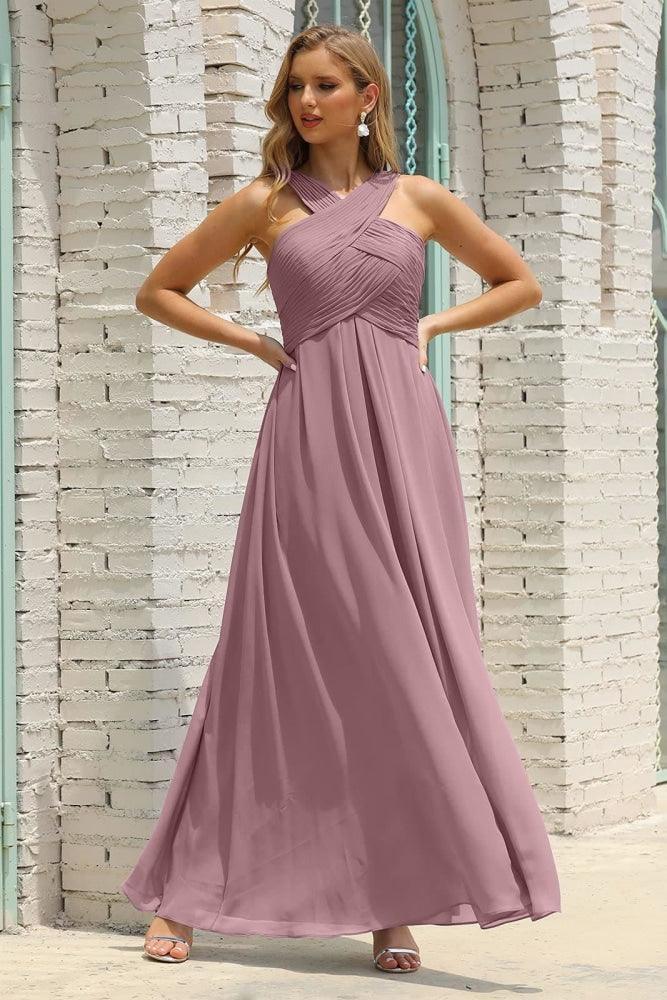 Numbersea Women Halter Chiffon Bridesmaid Dress A-line Long Formal Prom Gown SEA28015