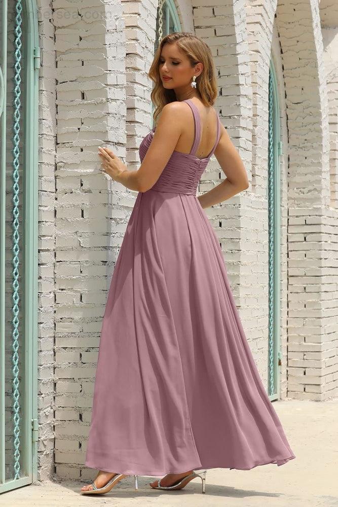 Numbersea Women Halter Chiffon Bridesmaid Dress A-line Long Formal Prom Gown SEA28015