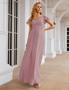 Numbersea Chiffon Bridesmaid Dress Cap Sleeves Maxi Prom Gowns Party Wedding Mother of The Bride Dresses for Women SEA28047