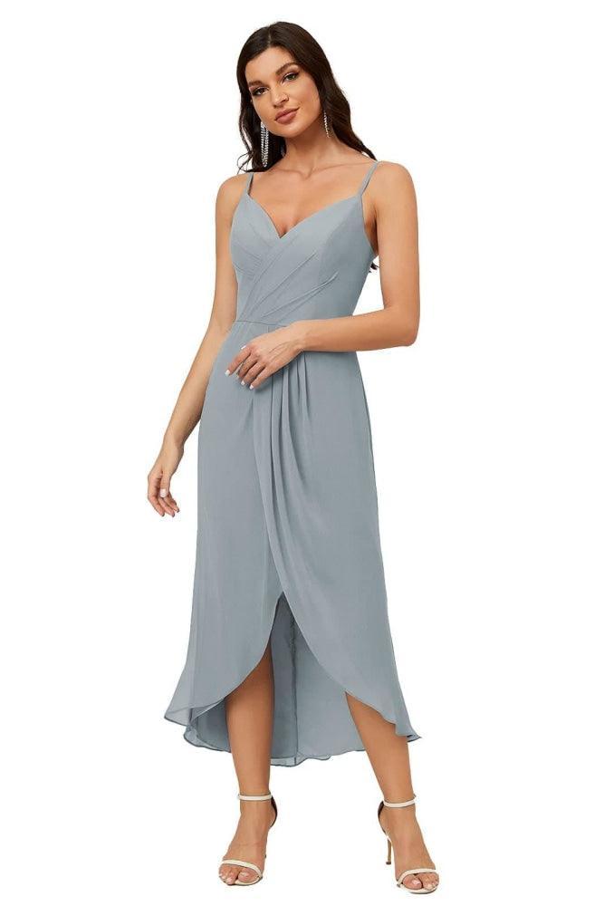 Numbersea Spaghetti Chiffon V Neck Bridesmaid Dress Mid-Length Slit Formal Prom Dress Homecoming Dress 2803