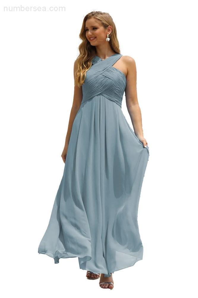 Numbersea Women Halter Chiffon Bridesmaid Dress A-line Long Formal Prom Gown SEA28015
