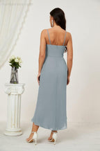 Numbersea Spaghetti Chiffon V Neck Bridesmaid Dress Mid-Length Slit Formal Prom Dress Homecoming Dress 2803
