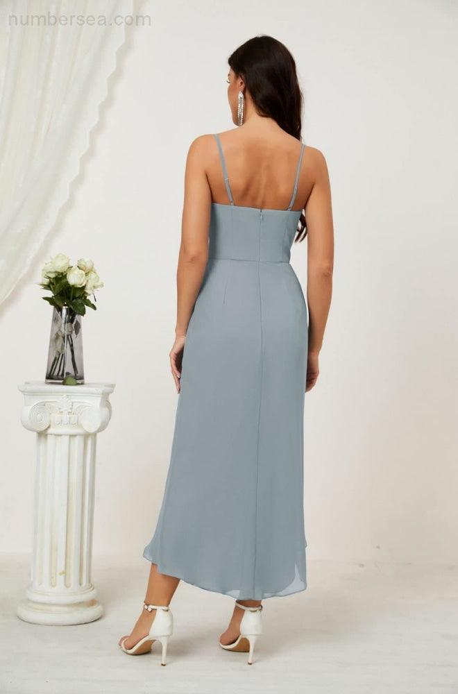 Numbersea Spaghetti Chiffon V Neck Bridesmaid Dress Mid-Length Slit Formal Prom Dress Homecoming Dress 2803