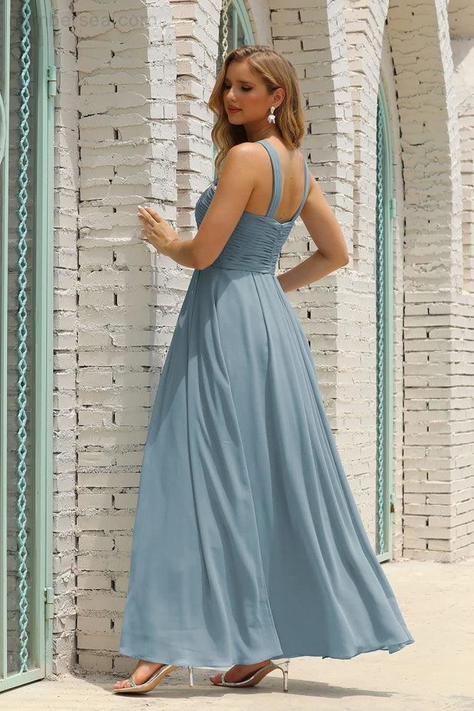 Numbersea Women Halter Chiffon Bridesmaid Dress A-line Long Formal Prom Gown SEA28015