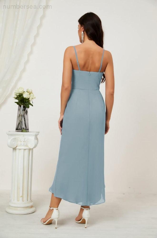 Numbersea Spaghetti Chiffon V Neck Bridesmaid Dress Mid-Length Slit Formal Prom Dress Homecoming Dress 2803